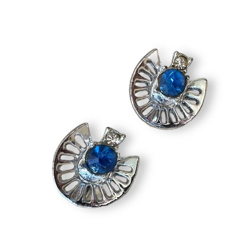 Retro Vintage Look Glam Silver Tone Blue White Rhinestone Screw Back Earrings - Picture 3 of 5